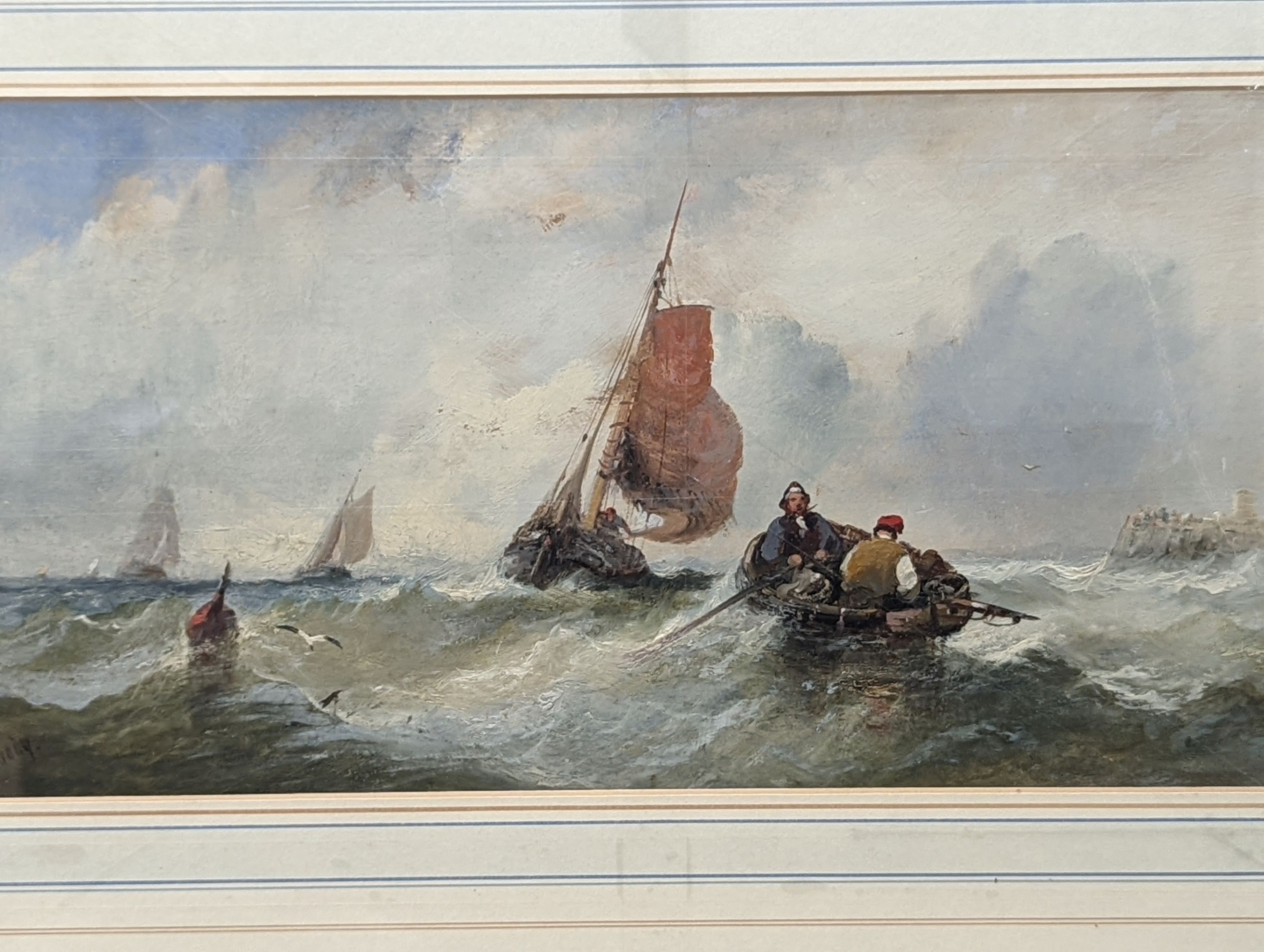 William James Durant Ready (1823-1873), oil on board, signed, fishing boats offshore, 19 x 41cm